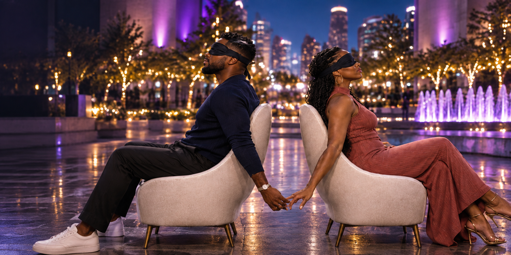 A blindfolded Black man and woman seated back-to-back in ivory chairs, lightly touching hands